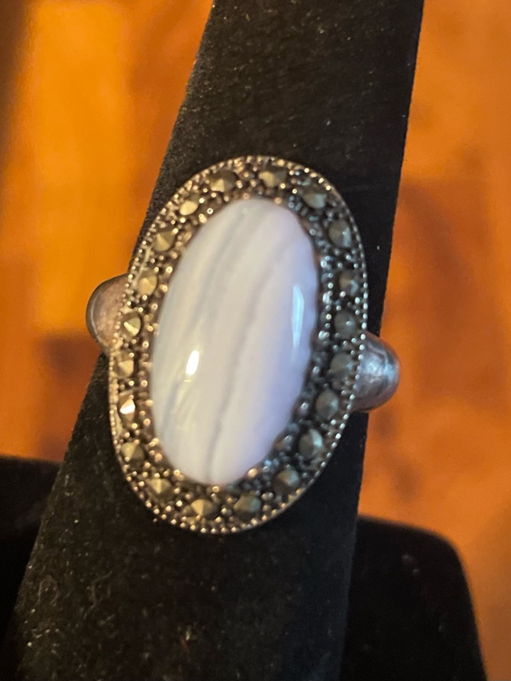 Vintage Sterling Silver 925 Statement Ring White Stone & Marcasite. Size 6